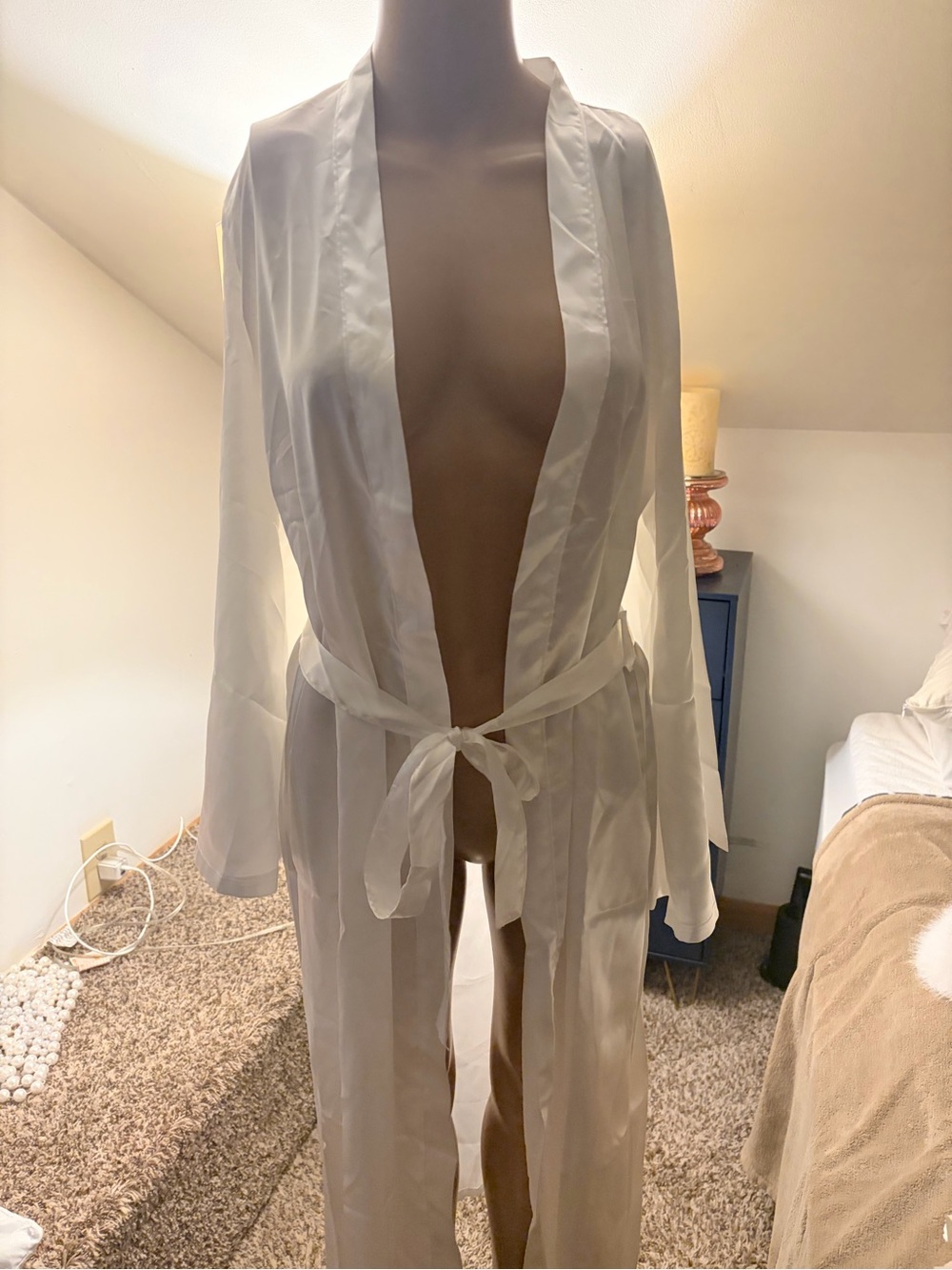 White Satin Long Robe with Tie Belt - Women's Intimates